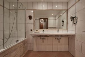 日内瓦德爱里维酒店的一间带水槽、淋浴和镜子的浴室