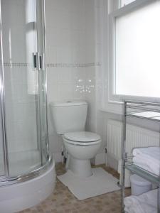 伦敦马普尔住宿加早餐旅馆的白色的浴室设有卫生间和淋浴。