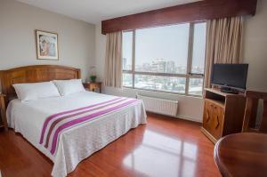 圣地亚哥MR Apart Providencia (ex Apart Neruda)的一间卧室配有一张床和一台平面电视