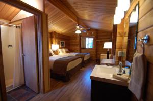 麦金利公园迪纳利小屋旅馆的客房内的浴室设有两张床和一个盥洗盆。