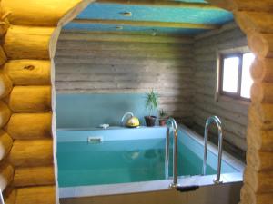 PulkarneVizbulites的木墙内带浴缸的浴室