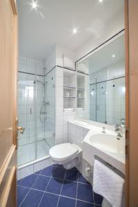 基希海姆艾夏霍夫酒店的浴室配有卫生间、盥洗盆和淋浴。
