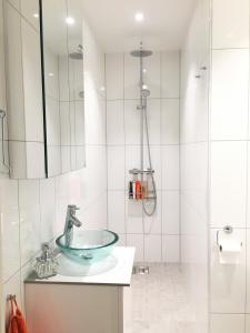 奥斯陆北欧旅舍 - 德施曼门10号的一间带玻璃水槽和淋浴的浴室