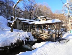 轻井泽小濑温泉酒店的河边的雪间小屋