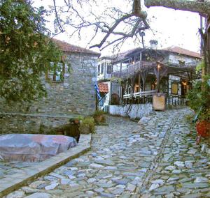 帕莱斯潘蒂雷蒙阿克翁图拉传统旅馆的石头房子前面一条鹅卵石街道