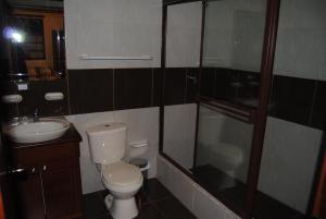昆卡Hotel Pegasus的浴室配有卫生间、盥洗盆和淋浴。