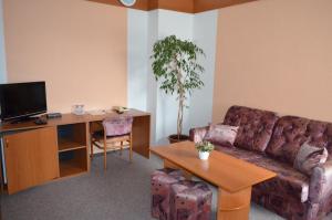 FulnekHotel Amos的客厅配有沙发、桌子和书桌