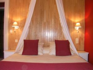 Carlux胡斐雅克酒店的一张天蓬床,上面有两个红色枕头