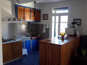 滨海巴纽尔斯Rue sebastien spacious apartment close beach的厨房配有蓝色橱柜和木制台面