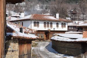 泽拉夫纳蒂姆科凯海咖啡馆旅馆的一座有雪盖屋顶和建筑的村庄