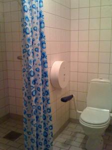 特勒布达Hajstorp Slusscafé & Vandrarhem的一间带卫生间和淋浴帘的浴室