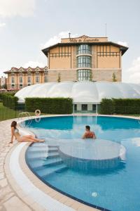 拉瓜迪亚Hotel Silken Villa de Laguardia的两人在大楼前的游泳池游泳