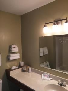 魔鬼湖Sunlac Inn Devils Lake的浴室配有盥洗盆、镜子和毛巾