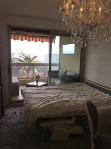 戛纳狄奥尼索斯海景公寓的一间卧室配有一张大床和一个吊灯。