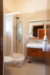 伊洛克Hotel Stari Podrum的带淋浴、卫生间和盥洗盆的浴室