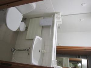 易拉斯加威Ylläs Lake Hotel的一间带水槽、小便器和镜子的浴室