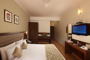 帕纳吉夏威夷舒适酒店的配有一张床和一台平面电视的酒店客房