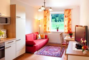 巴德小基希海姆豪斯娜佳公寓的客厅设有红色的沙发和窗户。