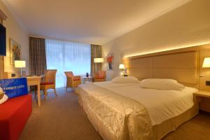 格赖瑙艾比塞酒店的酒店客房设有一张大床和一张书桌。