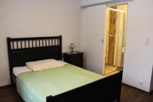 克拉根福斯维瑟豪斯酒店餐厅的一间卧室设有一张大床和淋浴