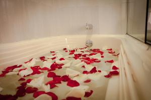 波哥大Hotel Dorado Gold的浴缸里装满了红玫瑰花瓣