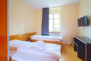 巴塞尔easyHotel Basel City - contactless self check-in的酒店客房设有两张床和窗户。
