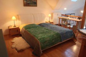 普雷罗Ferienwohnung Döbbelin的一间卧室配有一张带绿毯的大床
