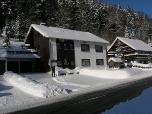 KamschlackenFerienwohnung Gohlke的站在被雪覆盖的建筑物前的人