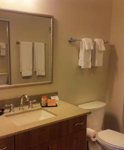 埃尔科Ledgestone Hotel Elko的一间带水槽、卫生间和镜子的浴室
