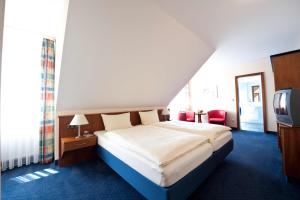 索梅劳森菲尔小夫－温古特旅馆的一间卧室配有一张大床和电视