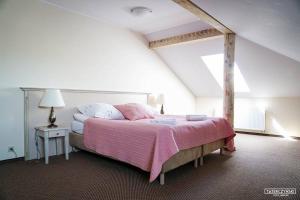SławicaGościniec Winnica的一间卧室配有一张带粉色毯子的床