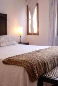 伊鲁亚Hotel Iruya的一间卧室配有一张床铺,床上铺有棕色毯子