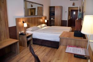 慕尼黑慕尼黑艺术酒店的一间卧室配有一张床、一张书桌和一面镜子