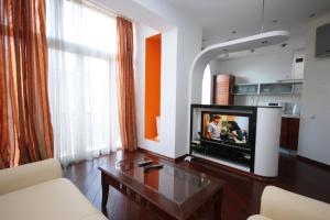 基辅基辅中心纯真家园公寓的一间带电视和沙发的客厅
