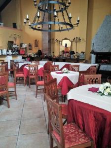 特罗法雷洛德雷马诺列达米安公园酒店的一间带桌椅和吊灯的用餐室