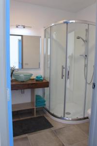 WaimaukuPukeatua Farmstay的一间带玻璃淋浴和水槽的浴室
