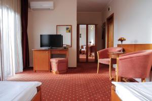 阿尔巴尤利亚赫耳墨斯酒店的酒店客房设有电视和客厅。
