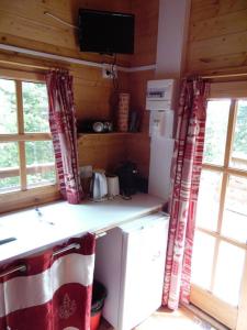 米茹蒙茨朱拉木屋的厨房配有柜台、两扇窗户和电视。