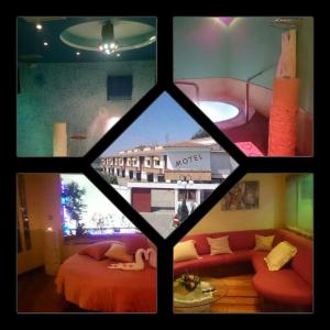 卡尔达斯·德·雷斯Motel Caldas的配有一张床和一张沙发的房间的窗户享有美景。