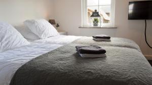 海伦多伦Bed and Breakfast De Reggestee的卧室内床边的两条毛巾