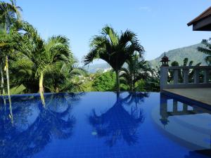 芭东海滩Baiyok Villa seaview and edge pool的一座棕榈树环绕的游泳池,一座山 ⁇ 