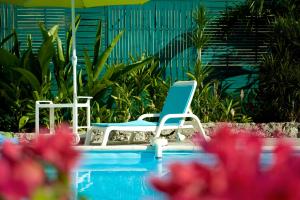 哥西尔Hotel Cap Sud Caraibes的游泳池旁的两把椅子和一把遮阳伞