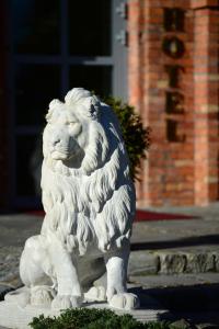 马佐夫舍地区新庄园莫德林皇家酒店的狮子雕像在建筑物前