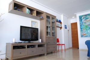 内尔哈Carabeo 50 Apartments Casasol的客厅设有电视,位于木制娱乐中心