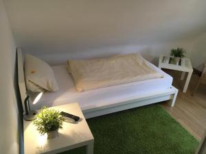 维尔恩斯多夫德累艾臣宾馆的客房设有一张白色的床、一张桌子和一张沙发。