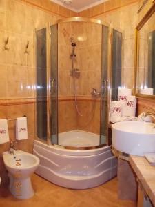 利沃夫雷斯科亚博卢酒店的带淋浴、卫生间和盥洗盆的浴室