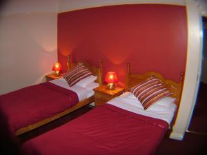斯皮克盖特威旅舍的宿舍间内的两张床,配有红色的墙壁和两盏灯。