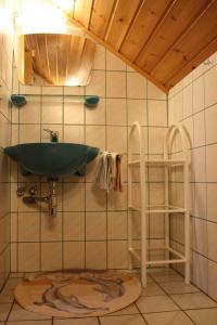 WeisspriachBinderhof的瓷砖墙上的绿色水槽浴室