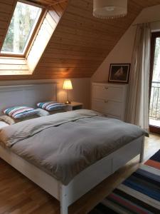 米泽德沃兹Domek Wakacyjny Na Złotych Wydmach的一间卧室设有一张床和两个窗户。