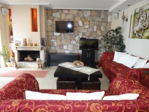 卢特拉艾季普苏9位皇后Spa酒店的客厅设有两张红色的沙发和石墙